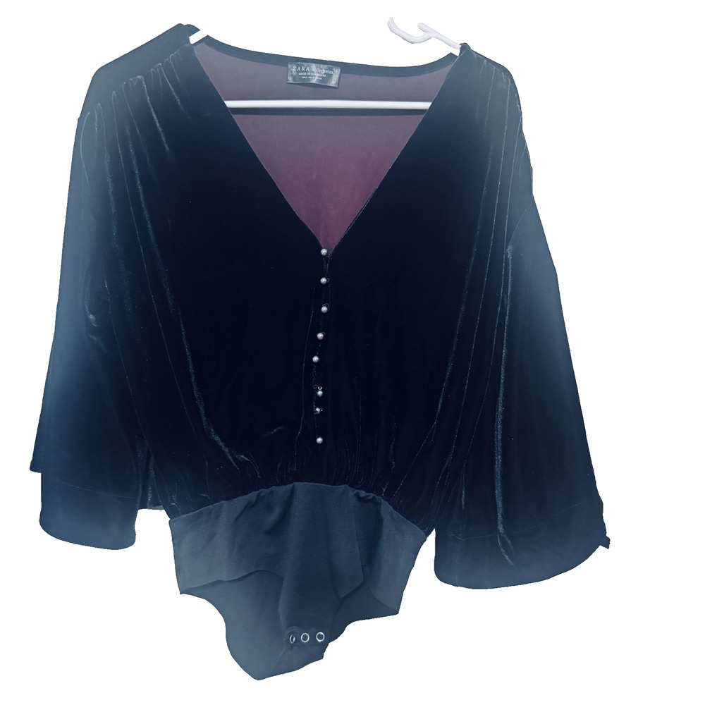 Zara Black Velvet Velour Bell Sleeve Bodysuit Size S silver buttons goth glam
